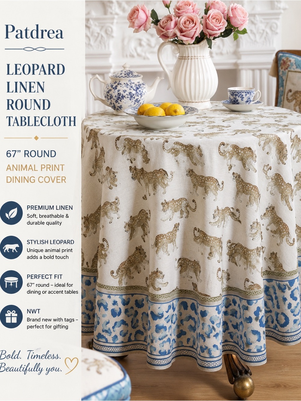 Patdrea Leopard Linen Round Tablecloth 67” Animal Print Dining Cover NWT